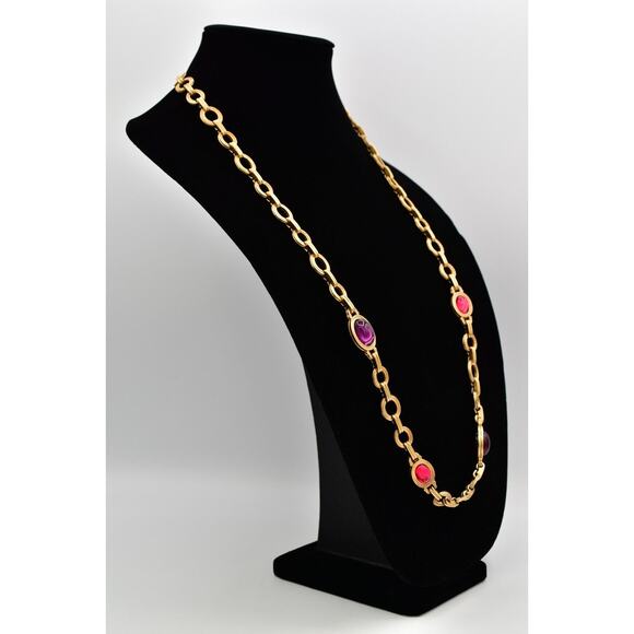 Monet for YSL Vintage Cabochon Necklace Purple Fuchsia Chunky Signed 1980s BinK - Picture 6 of 16